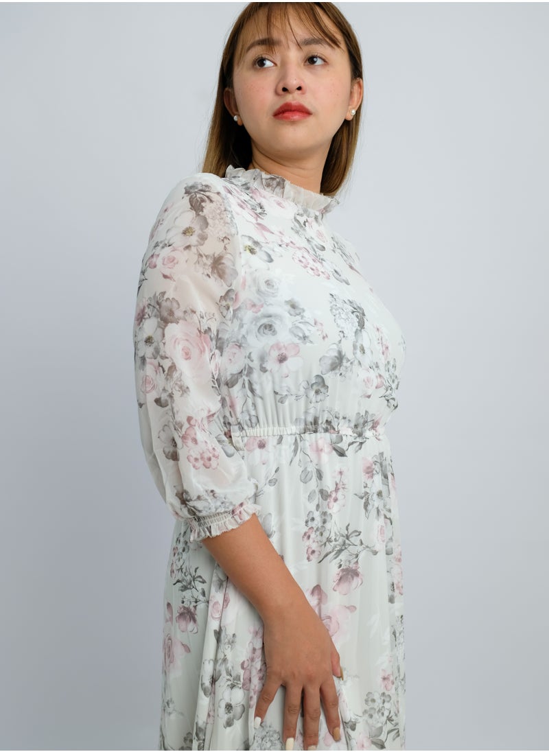 ONLY - Women’s Floral Design Long Dress in Misty-Grey - Image 1