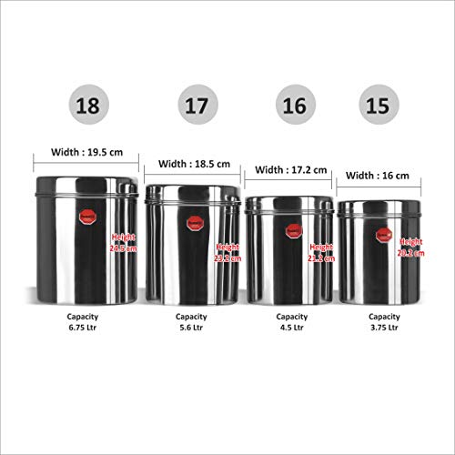 Sumeet Stainless Steel Vertical Canisters/Ubha Dabba/Storage Containers Set Of 4Pcs (No. 15 To No. 18) (3.75 Ltr, 4.5Ltr, 5.6Ltr, 6.75Ltr), Beige - Image 4