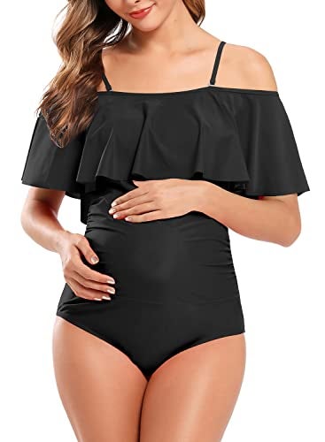SHEKINI Women's Off-Shoulder Maternity Swimsuits Ruffle Pregnancy One Piece Bathing Suit(Black，Medium) - Image 1