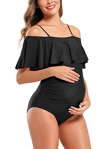 SHEKINI Women's Off-Shoulder Maternity Swimsuits Ruffle Pregnancy One Piece Bathing Suit(Black，Medium) - Image 3