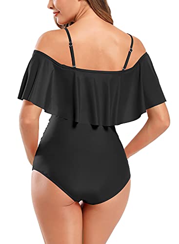 SHEKINI Women's Off-Shoulder Maternity Swimsuits Ruffle Pregnancy One Piece Bathing Suit(Black，Medium) - Image 5