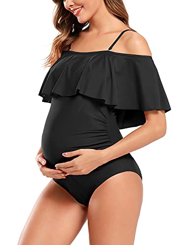 SHEKINI Women's Off-Shoulder Maternity Swimsuits Ruffle Pregnancy One Piece Bathing Suit(Black，Medium) - Image 4
