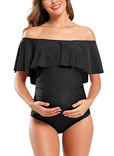 SHEKINI Women's Off-Shoulder Maternity Swimsuits Ruffle Pregnancy One Piece Bathing Suit(Black，Medium) - Image 2