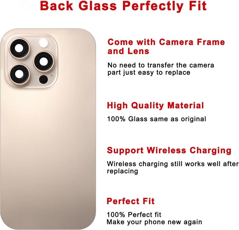 Perzework Rear Back Glass Replacement for iPhone 16 Pro 6.3-inches + Pre-Installed Plate and Camera Frame and Lens + Reparing Tool Kit (Desert Titanium) - Image 3
