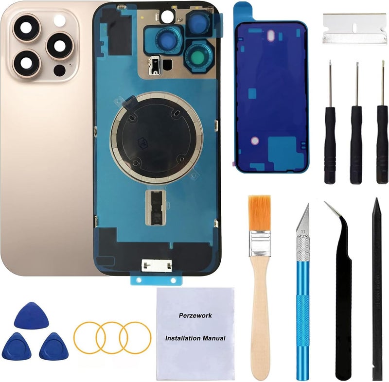 Perzework Rear Back Glass Replacement for iPhone 16 Pro 6.3-inches + Pre-Installed Plate and Camera Frame and Lens + Reparing Tool Kit (Desert Titanium) - Image 1