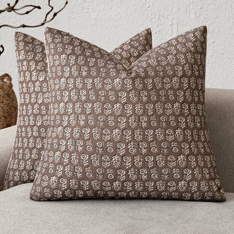 Foindtower Set of 2 Decorative Neutral Floral Print Throw Pillow Covers Vintage Accent Farmhouse Cushion Covers Boho Home Decor for Sofa Chair Couch Bedroom Living Room,18Ã—18 Inch,Brown - Image 1