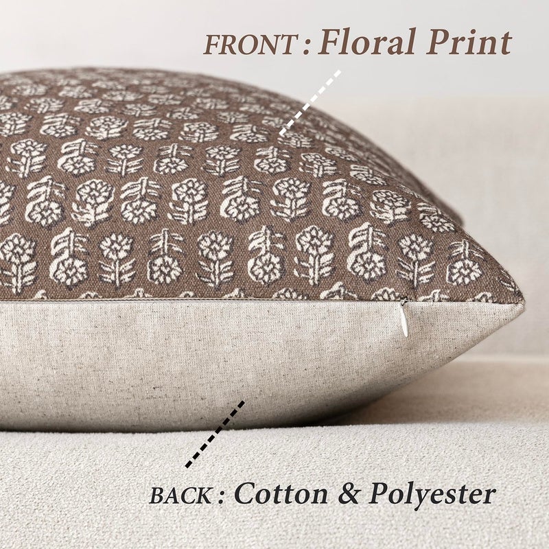 Foindtower Set of 2 Decorative Neutral Floral Print Throw Pillow Covers Vintage Accent Farmhouse Cushion Covers Boho Home Decor for Sofa Chair Couch Bedroom Living Room,18Ã—18 Inch,Brown - Image 2
