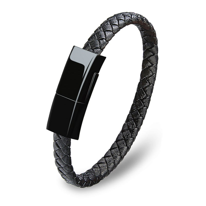Woven Bracelet Data Cable: Black PU Leather Wrist Ornament - Humanized Curved Plug for Night Use, 2 In 1 for Secure Energy Support Stable Data Transmission - Image 3