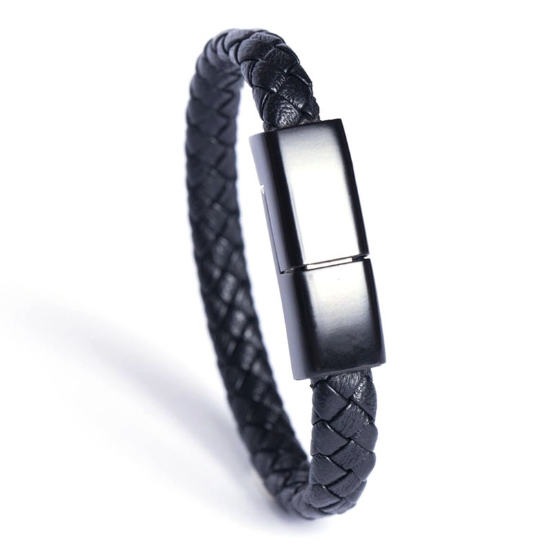 Woven Bracelet Data Cable: Black PU Leather Wrist Ornament - Humanized Curved Plug for Night Use, 2 In 1 for Secure Energy Support Stable Data Transmission - Image 1