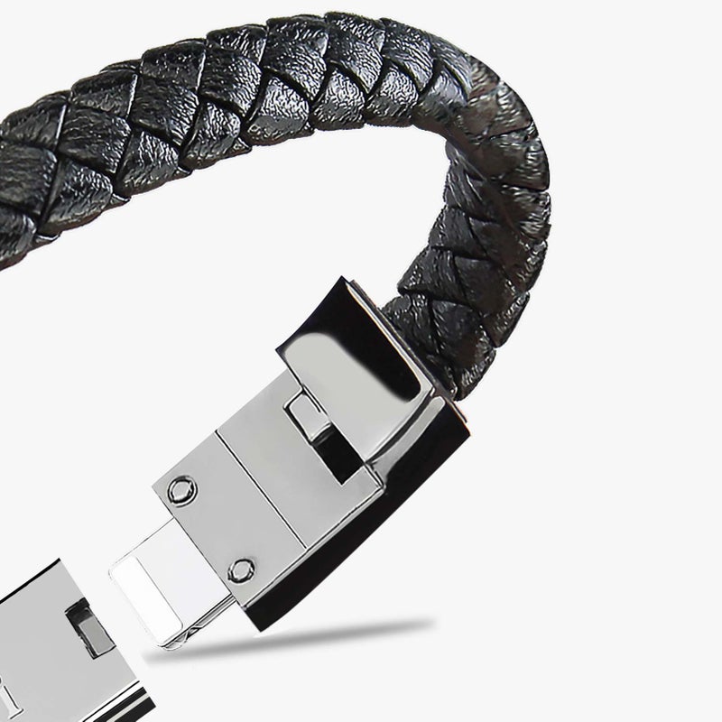Woven Bracelet Data Cable: Black PU Leather Wrist Ornament - Humanized Curved Plug for Night Use, 2 In 1 for Secure Energy Support Stable Data Transmission - Image 4