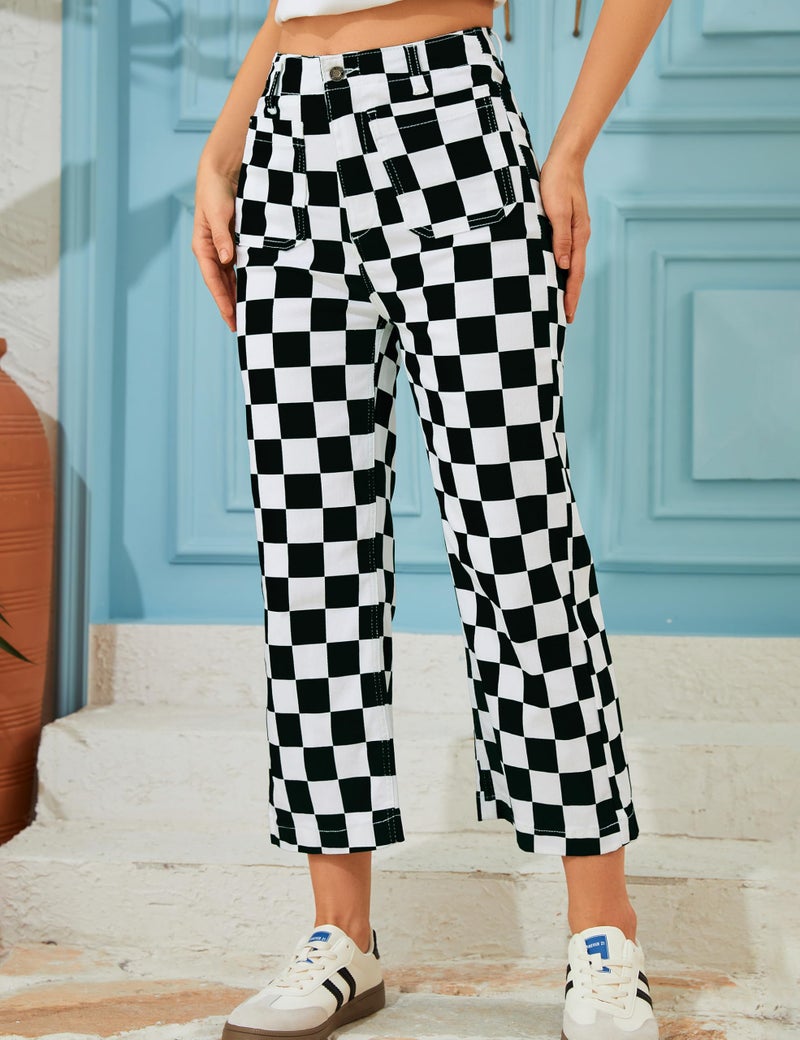 Odefou Cropped Jeans for Women Checkered Pants Casual High Waisted Stretchy Straight Leg Trousers with Pockets(Black and White Checkered,8) - Image 3