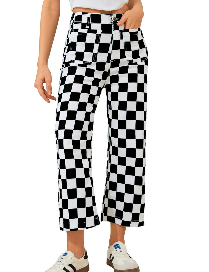 Odefou Cropped Jeans for Women Checkered Pants Casual High Waisted Stretchy Straight Leg Trousers with Pockets(Black and White Checkered,8) - Image 1