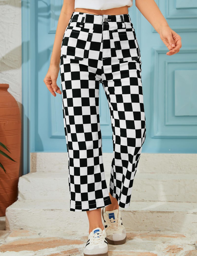 Odefou Cropped Jeans for Women Checkered Pants Casual High Waisted Stretchy Straight Leg Trousers with Pockets(Black and White Checkered,8) - Image 4