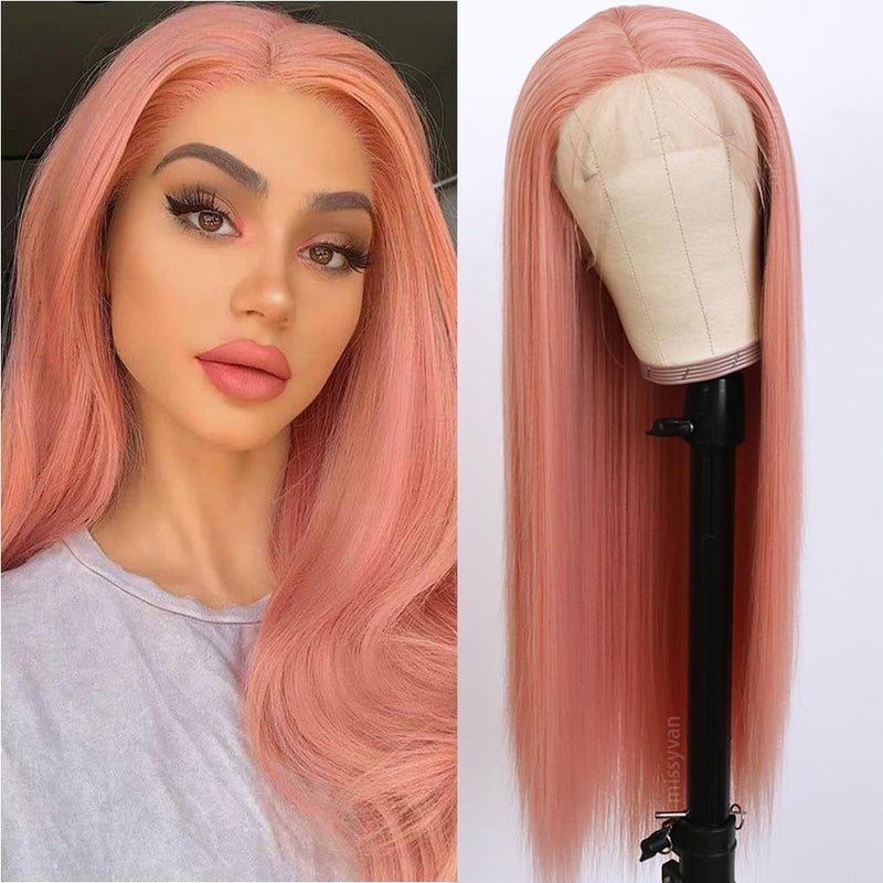Missyvan Long Straight Hair Pink Color Lace Wigs Glueless Heat Resistant Fiber Hair Synthetic Lace Front Wigs for Fashion Women