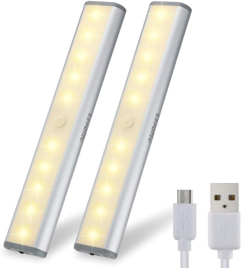 LEPOTEC مصباح خزانة LED قابل لإعادة الشحن بمستشعر حركة، يعمل بالبطارية ويوفر إضاءة دافئة بيضاء، قطعتان - Image 1
