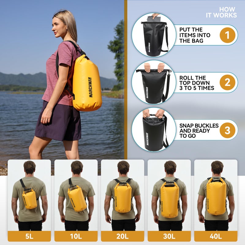 MARCHWAY Floating Waterproof Dry Bag Backpack 5L/10L/20L/30L/40L, Roll Top Sack Keeps Gear Dry for Kayaking, Rafting, Boating, Swimming, Camping, Hiking, Beach, Fishing (Deep Yellow, 30L) - Image 4