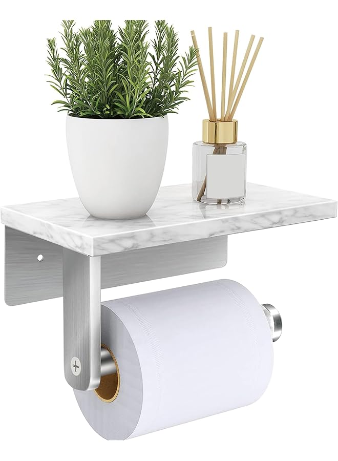 S-TOP Wall-Mounted Toilet Paper Holder with Marble Shelf - Brushed Nickel Bathroom Tissue Roll Holder, Screw Installation Design for Home & Washroom - Image 1