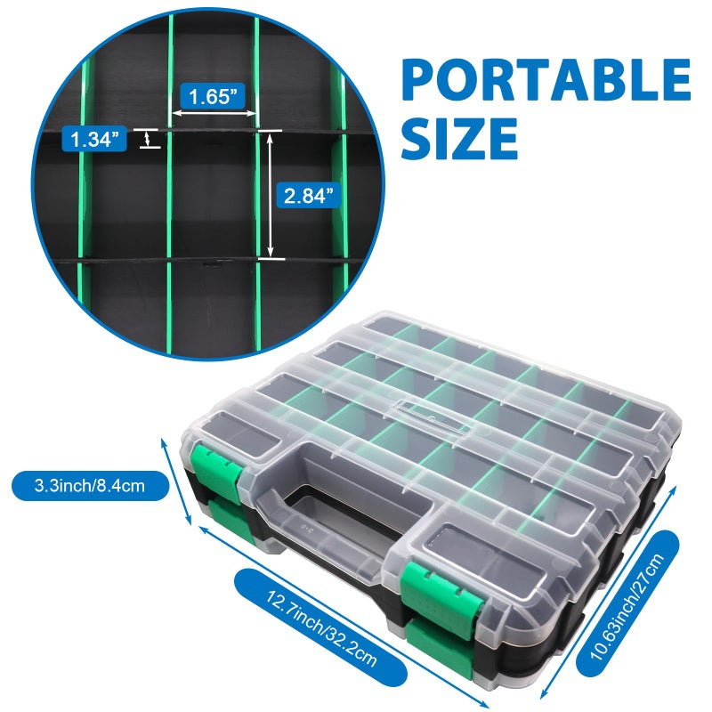 Easily Double Side Tool Box Organizer, Hardware Storage Box, Portable Small Parts Organizer with Removable Plastic Dividers for Screws, Nuts, Nails, Bolts, Green - Image 2