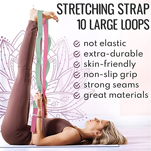 TECEUM [NEW 2023] TECEUM Yoga Stretching Strap 10 Loops Non-Elastic Strap - Home Workout Stretch Strap for Physical Therapy, Yoga, Pilates cttn 1.5 in LM - Image 2