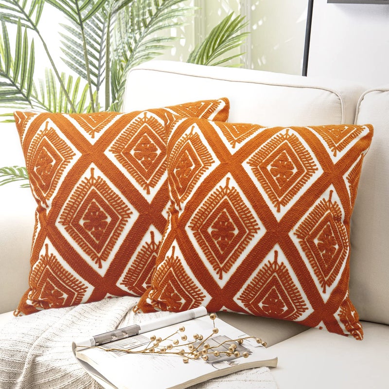 Alysheer Embroidered Decorative Throw Pillow Covers 18x18 inches Set of 2 Pieces Boho Geometric Modern Chic Classic Pattern Cotton Cushion Cases for Sofa Couch Bed Living RoomBurnt Orange