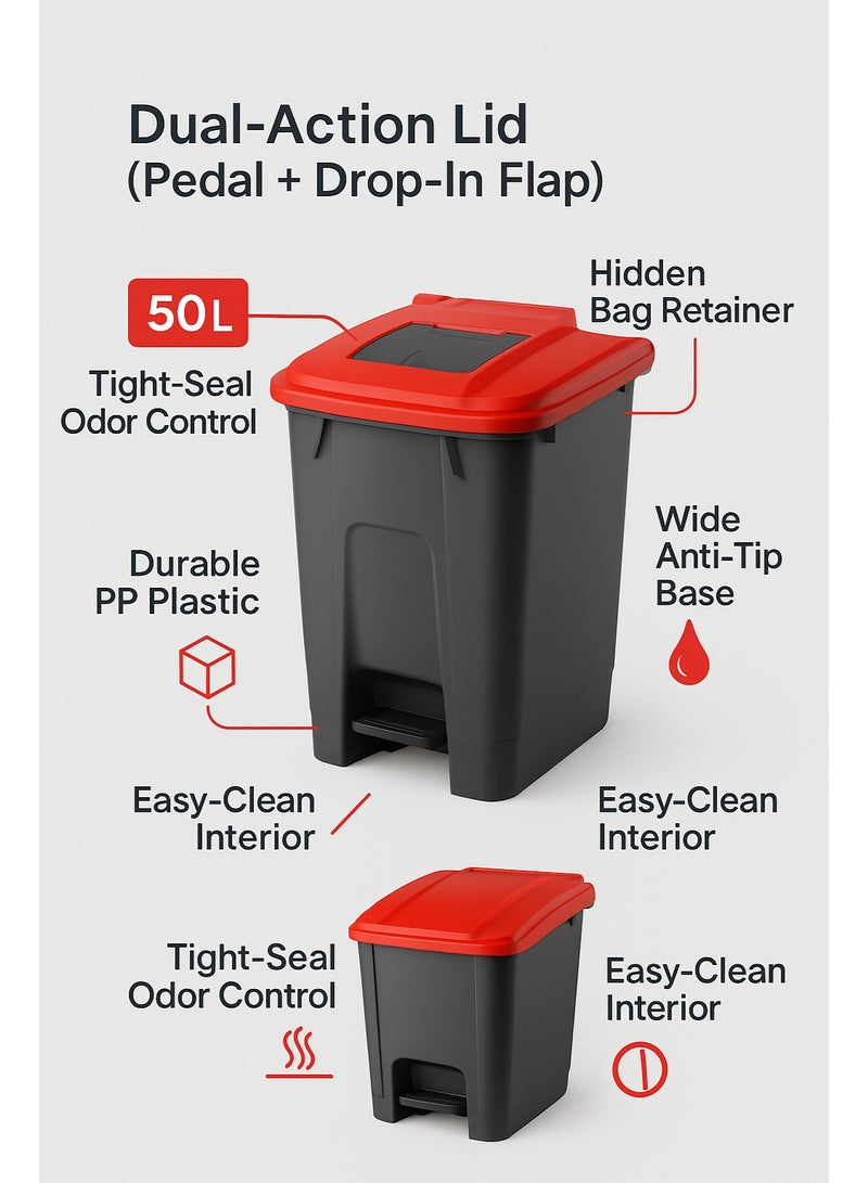 بلانيت حاوية قمامة بلانيت، سلة نفايات بدوّاسة مع غطاء مربع صغير في الأعلى للاستخدام الصحي، مزوّدة بعجلات وسطل داخلي للمتانة، مناسبة للاستخدام في المدارس والمستشفيات والجامعات والمولات، سعة 50 لتر (أحمر) - Image 4