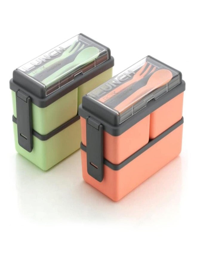 LAZYwindow [Pack of 2 1400ml Double Layer Plastic Lunch Box for Office & School | 3 Section Airtight Tiffin Box for Kids & Adults | Leak-Proof Bento Box | Microwave Safe (Multicolor) - Image 1