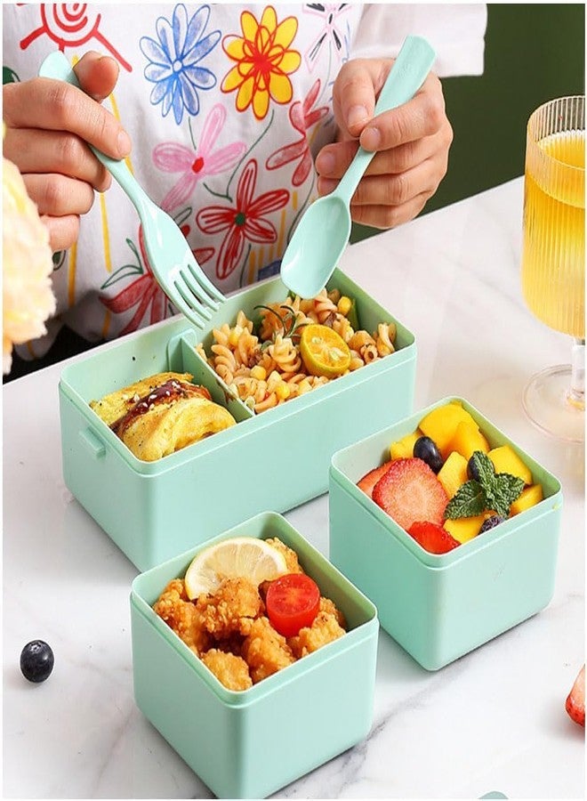 LAZYwindow [Pack of 2 1400ml Double Layer Plastic Lunch Box for Office & School | 3 Section Airtight Tiffin Box for Kids & Adults | Leak-Proof Bento Box | Microwave Safe (Multicolor) - Image 2