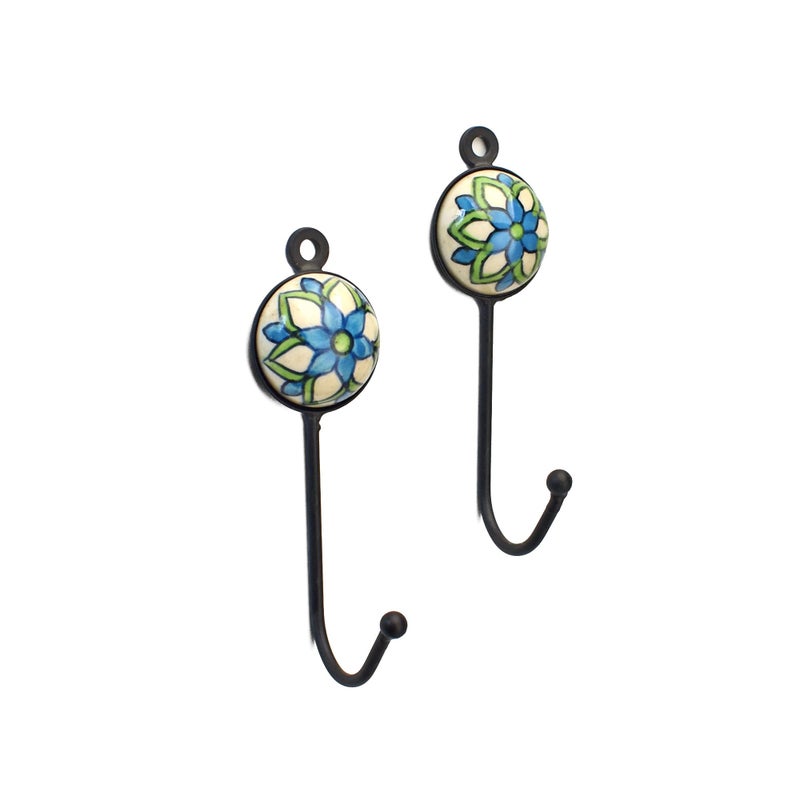 BROOK AND BIRCH Ceramic Wall Hooks Keys Hanger Ceramic Coat Hooks Towel Hook for Entryway Bathroom Kitchen Home Set of 2 Green Blue Floral - Image 2