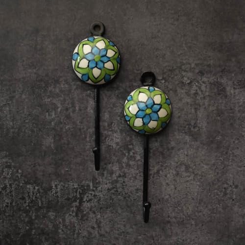 BROOK AND BIRCH Ceramic Wall Hooks Keys Hanger Ceramic Coat Hooks Towel Hook for Entryway Bathroom Kitchen Home Set of 2 Green Blue Floral - Image 3