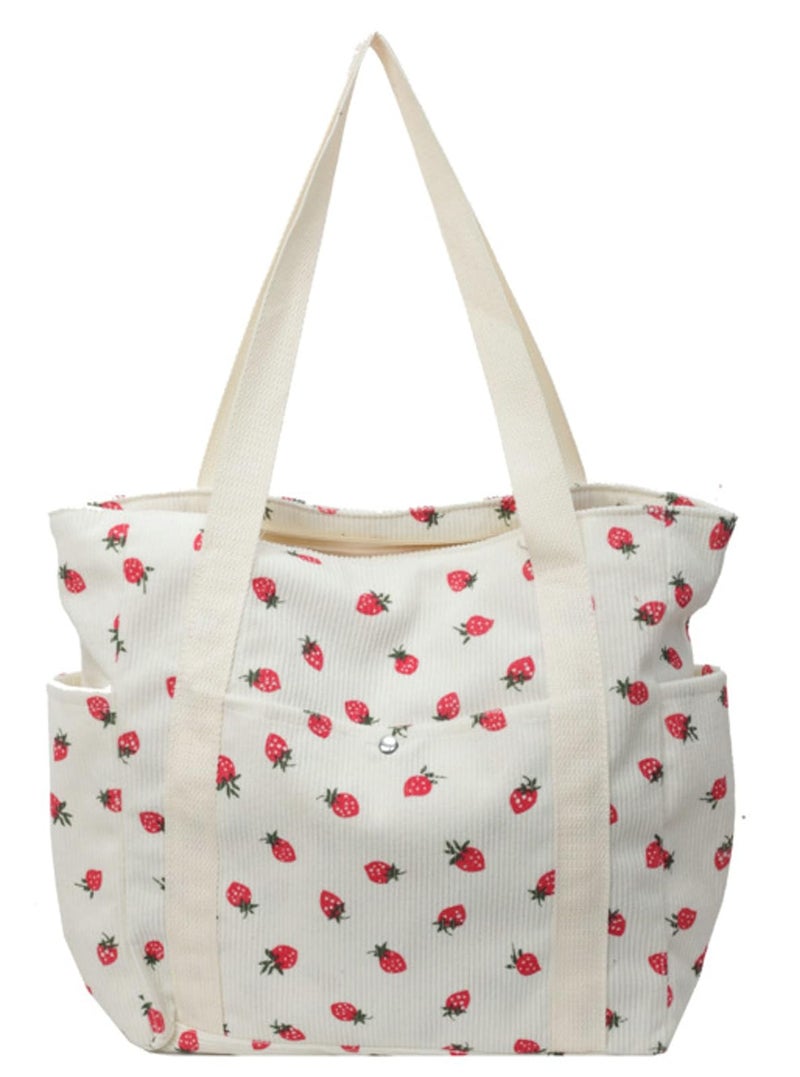 Tellrain Cute Strawberry Shoulder Tote Bag Women 2025 Corduroy Book Handbag Square Purse Multiple Pockets College - Image 1