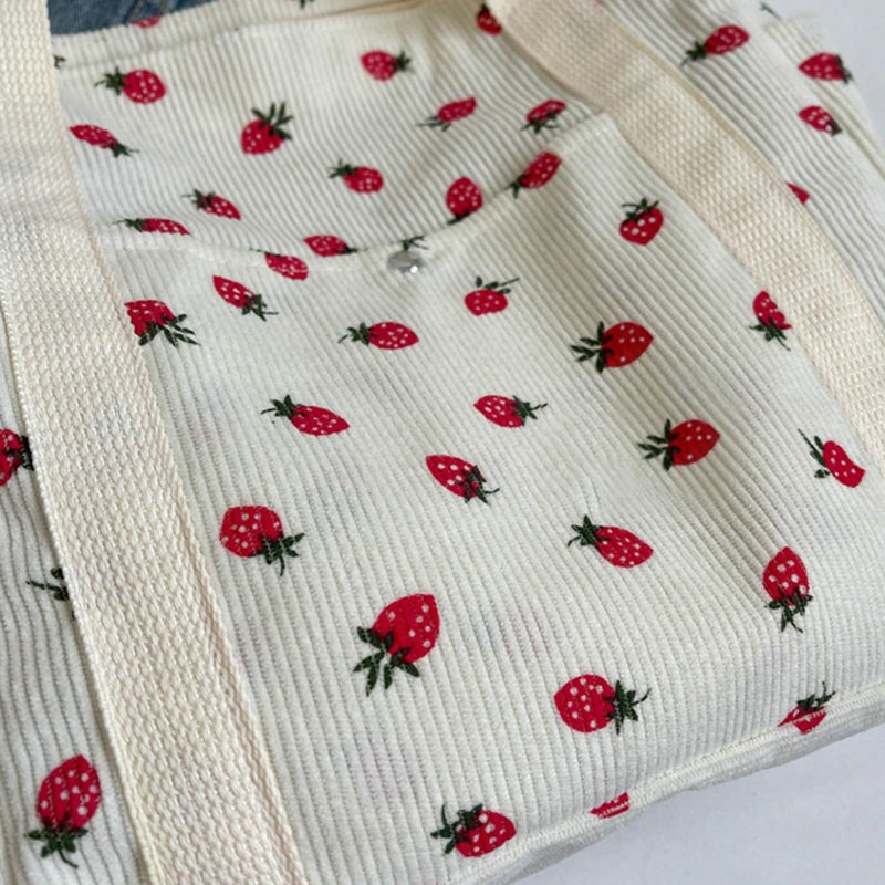 Tellrain Cute Strawberry Shoulder Tote Bag Women 2025 Corduroy Book Handbag Square Purse Multiple Pockets College - Image 5