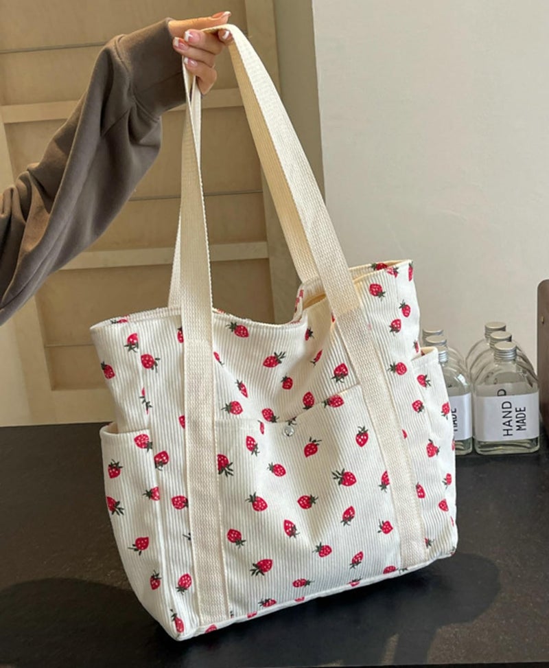 Tellrain Cute Strawberry Shoulder Tote Bag Women 2025 Corduroy Book Handbag Square Purse Multiple Pockets College - Image 2