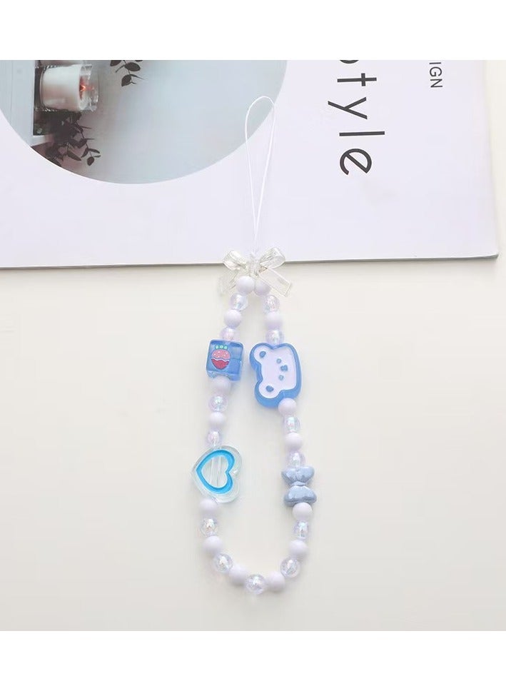 Sparkle Accessories Elegant Pearlescent Phone Strap and Lanyard - Blue and White Beaded Accessory with Bear and Heart Charms, Ideal for Securing Phones, Cameras, and Water Bottles, Perfect for Daily Use and Special Gifts 