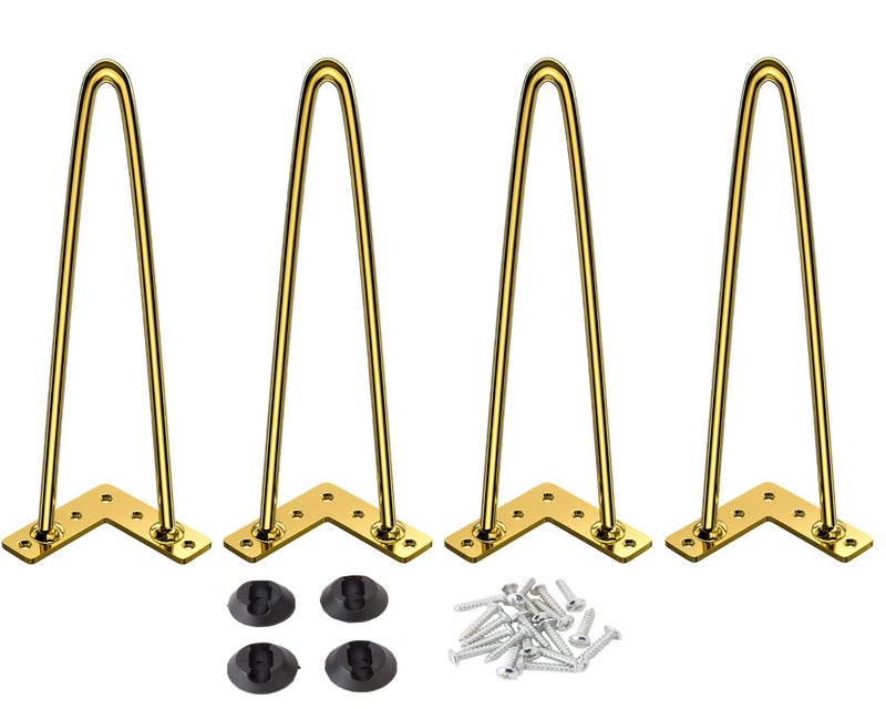 Osring 14 Inch Hairpin Legs Solid Steel Furniture Table Feet 4pcs Heavy Duty Hairpin Feet 38 Dia 2 Rods Furniture Legs Golden with Protector Pads for TV Stand Cabinet and Coffee Table