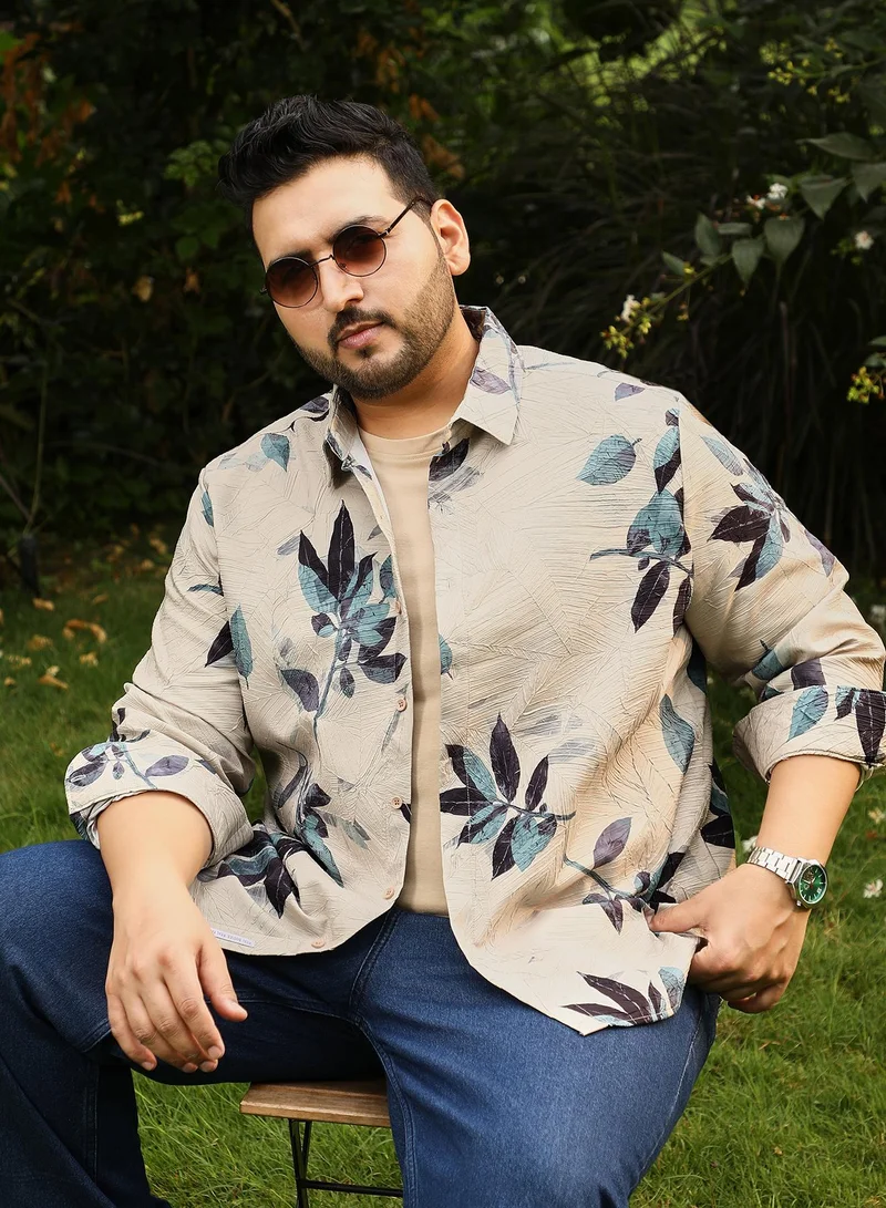 انستافاب بلس Instafab Plus Men's Green & Beige Imprinted Foliage Textured Shirt | Spread Collar , Long Sleeves , Button Closure , Curved Hemline | Botanical-Print Textured Polyester Blend For Street & Casual Wear