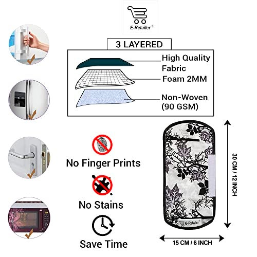 E-Retailer® Polyester 3-Layered Fridge Handle Cover Set of 2Pcs. For Refrigerator and Microwave oven (Color-Black Floral, Size-12x6 Inches) - Image 2