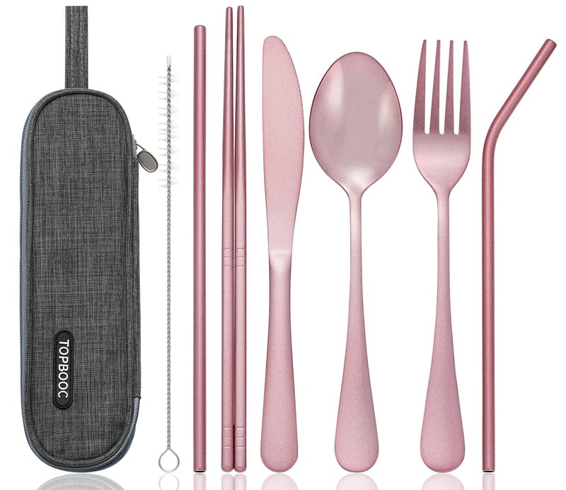 Topbooc Portable Stainless Steel Flatware Set, Travel Camping Cutlery Set, Portable Utensil Travel Silverware Dinnerware Set with a Waterproof Case (Pink) - Image 1