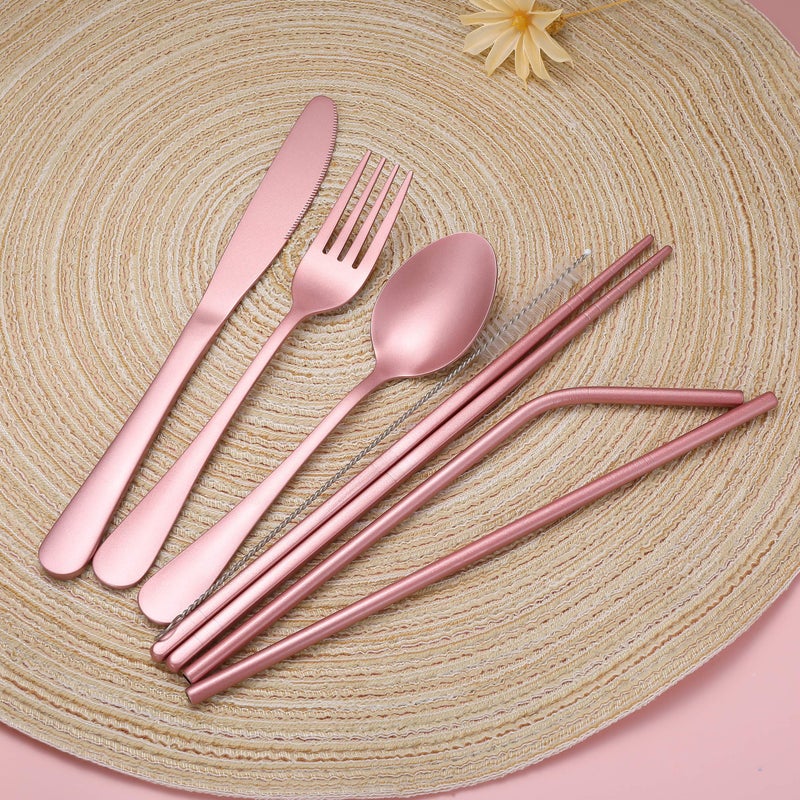 Topbooc Portable Stainless Steel Flatware Set, Travel Camping Cutlery Set, Portable Utensil Travel Silverware Dinnerware Set with a Waterproof Case (Pink) - Image 4