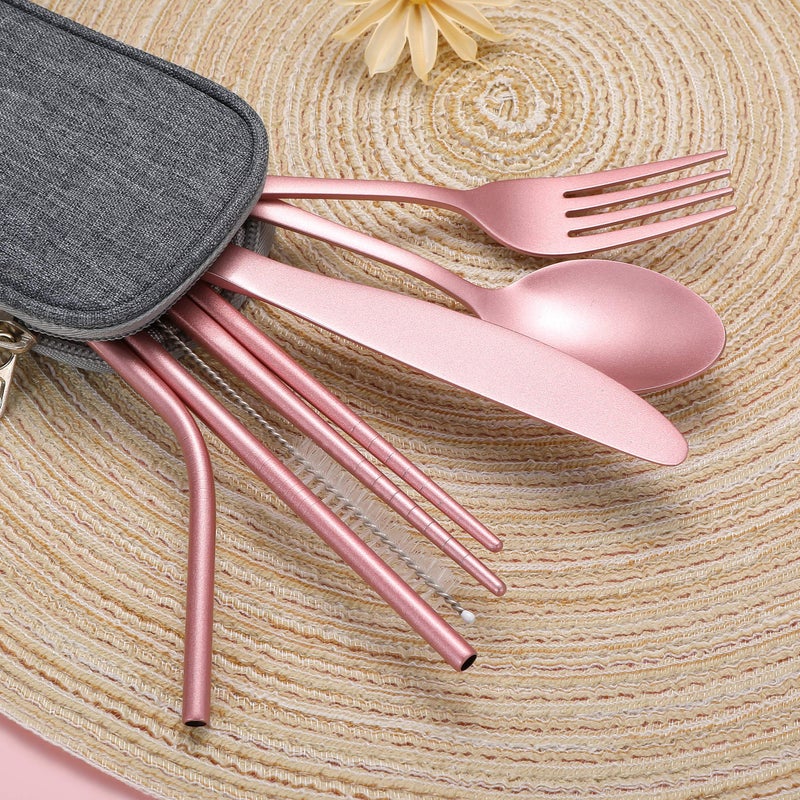 Topbooc Portable Stainless Steel Flatware Set, Travel Camping Cutlery Set, Portable Utensil Travel Silverware Dinnerware Set with a Waterproof Case (Pink) - Image 2