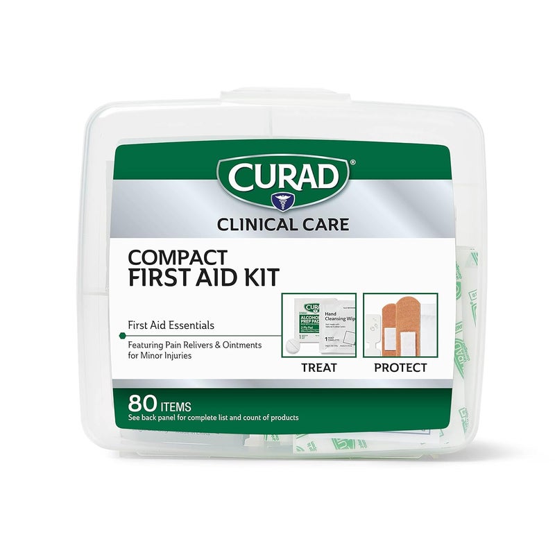 CURAD طقم الإسعافات الأولية المدمج من كورايد مع أدوية بدون وصفة طبية، لاصقات فليكس فابريك، ولصقات فراشة، مرهم مضاد حيوي، مناديل تنظيف، وسادات تحضير كحولية، أسيتامينوفين، حقيبة حمل، 80 قطعة - Image 1