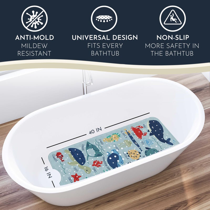 Homerella Bath Tub Mat Non Slip Anti Mold for Kids BPA Free INCL Hooks - homerellaÂ® Ocean Sea Animals 40x16, Baby Bath Mat Non Slip 200 Suction Cups, Non Toxic Machine Washable Toddler Bath Mat, EU Certified - Image 2