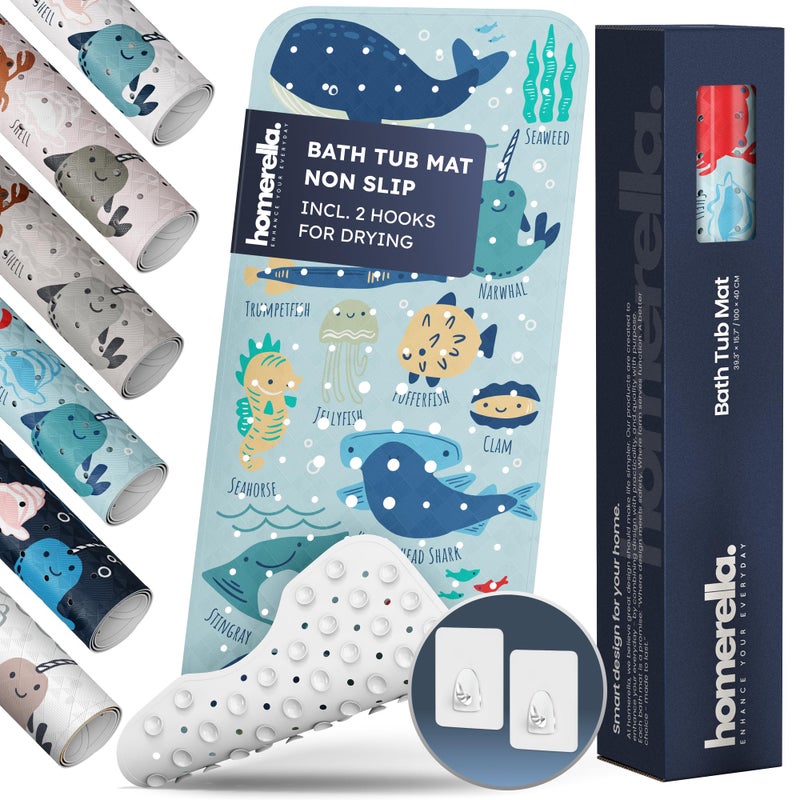 Homerella Bath Tub Mat Non Slip Anti Mold for Kids BPA Free INCL Hooks - homerellaÂ® Ocean Sea Animals 40x16, Baby Bath Mat Non Slip 200 Suction Cups, Non Toxic Machine Washable Toddler Bath Mat, EU Certified - Image 1