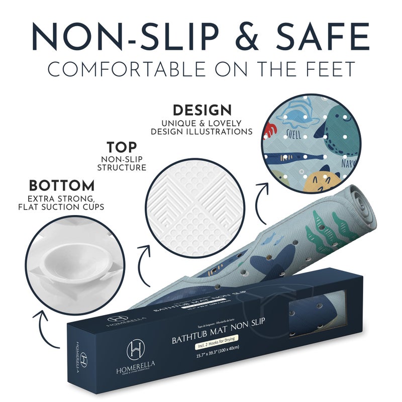 Homerella Bath Tub Mat Non Slip Anti Mold for Kids BPA Free INCL Hooks - homerellaÂ® Ocean Sea Animals 40x16, Baby Bath Mat Non Slip 200 Suction Cups, Non Toxic Machine Washable Toddler Bath Mat, EU Certified - Image 4