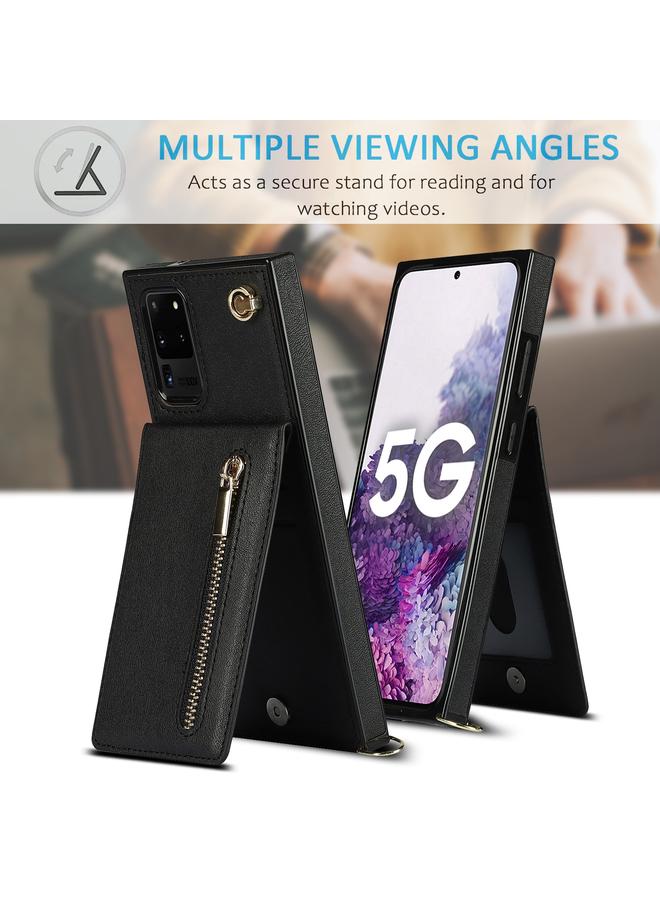 اس-توب جراب لهاتف Samsung Galaxy S20 Ultra جراب خلفي مربع الشكل من مادة TPU+PU مع حامل وفتحات للبطاقات ومحفظة وحزام - Image 5