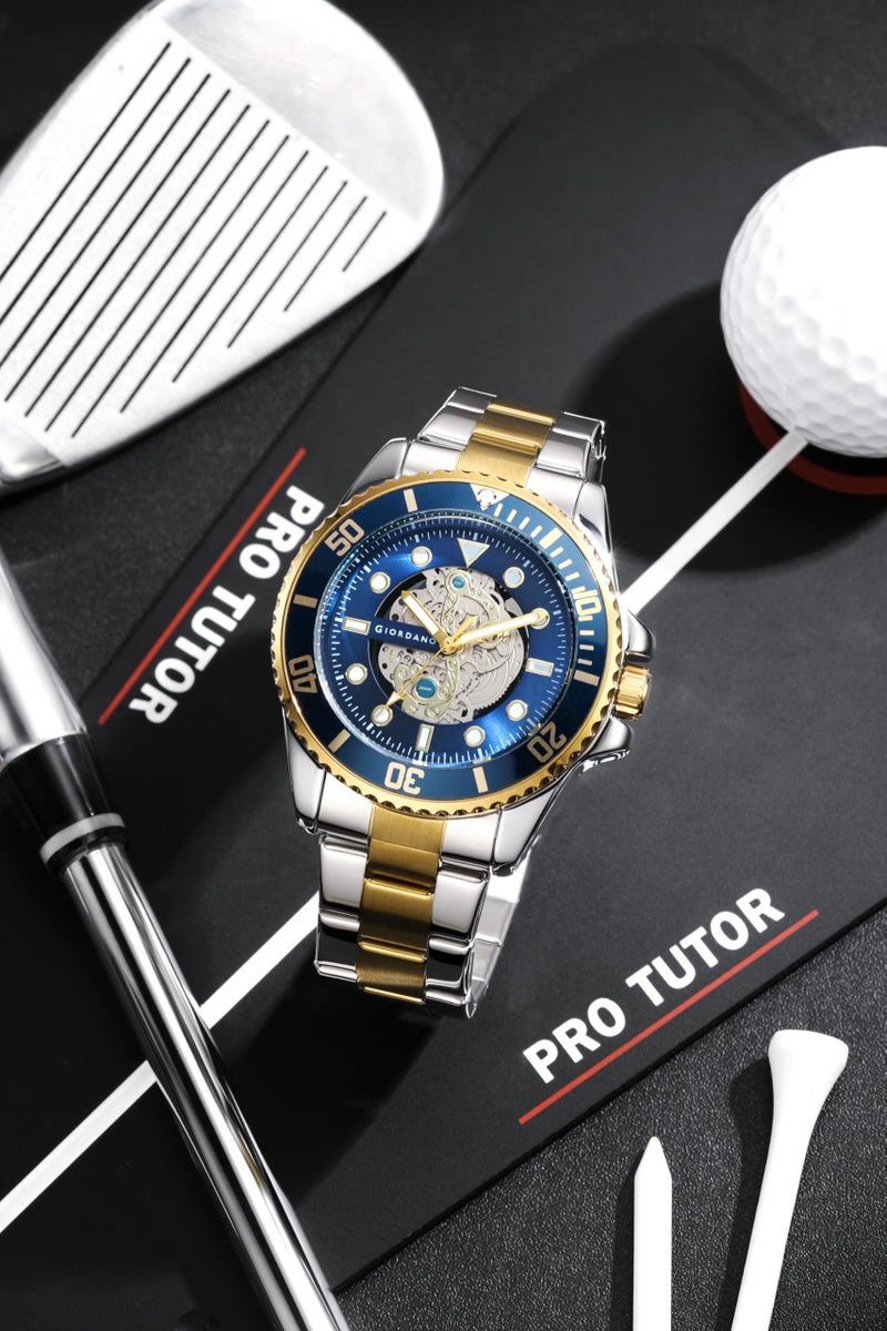 Giordano Analog Watch for Men– Skeleton Dial, Rotating Bezel, Two-Tone Stainless Steel Strap - Image 4