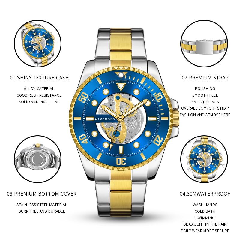 Giordano Analog Watch for Men– Skeleton Dial, Rotating Bezel, Two-Tone Stainless Steel Strap - Image 5