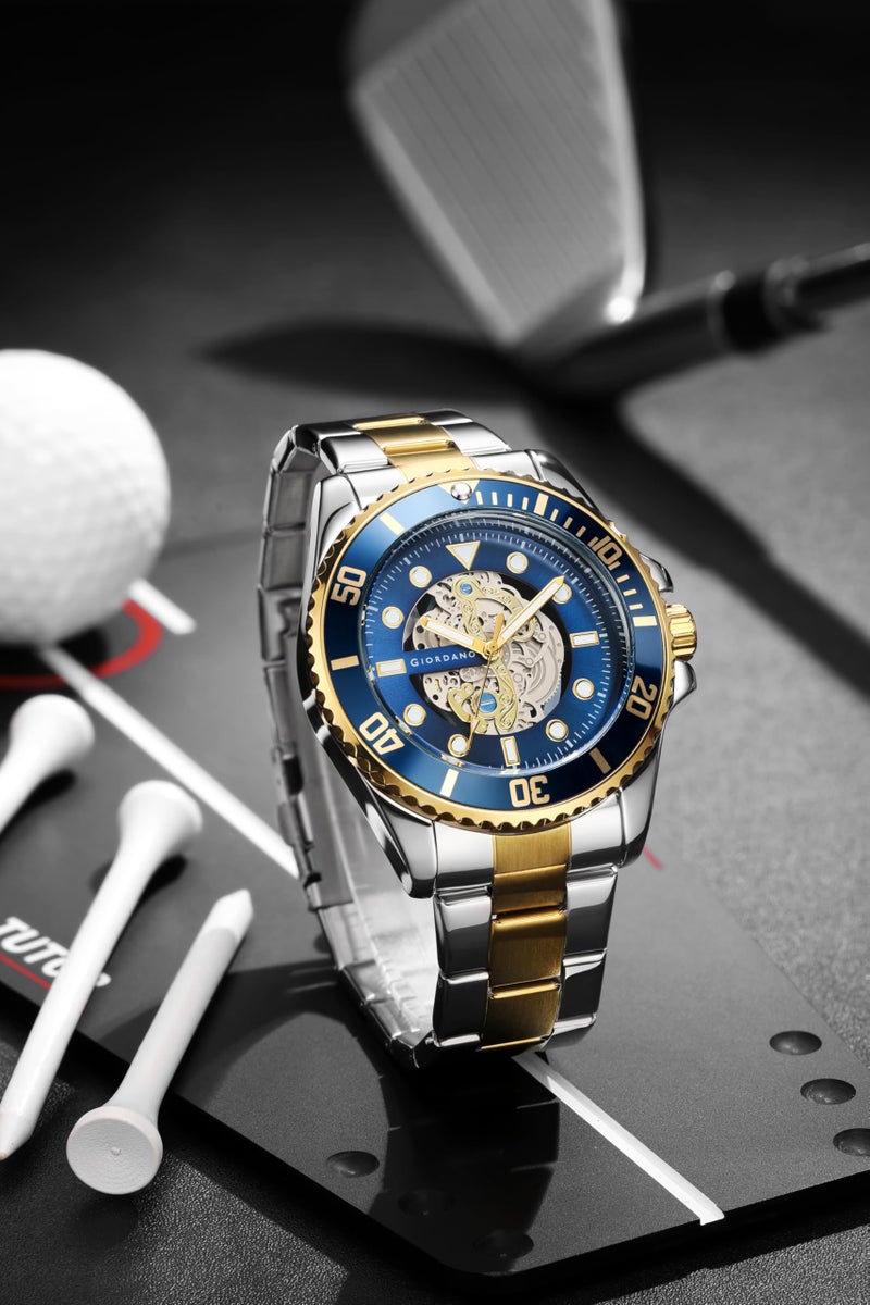 Giordano Analog Watch for Men– Skeleton Dial, Rotating Bezel, Two-Tone Stainless Steel Strap - Image 3