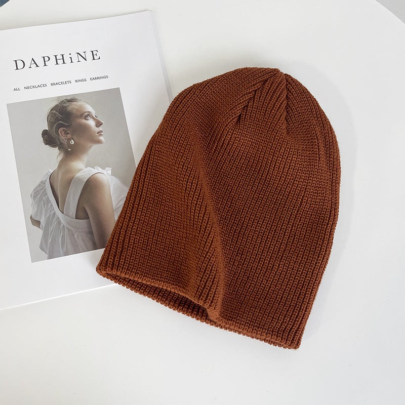 White knitted hat for women autumn and winter Korean style fashionable all-matching solid color big head circumference wool pullover hat confinement delivery Caramel