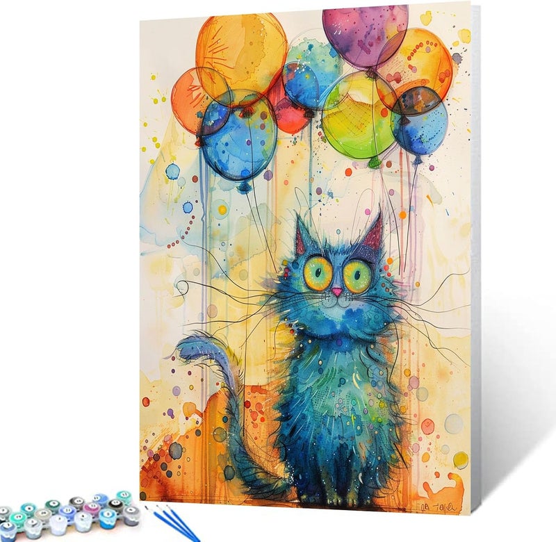 Tucocoo Abstract Blue Cat Paint by Numbers Kits 16x20 inch Canvas Watercolor DIY Oil Painting for Adults with Brushes and Acrylic Pigment Colorful Ballons Picture for Home Decor Without Frame - Image 1