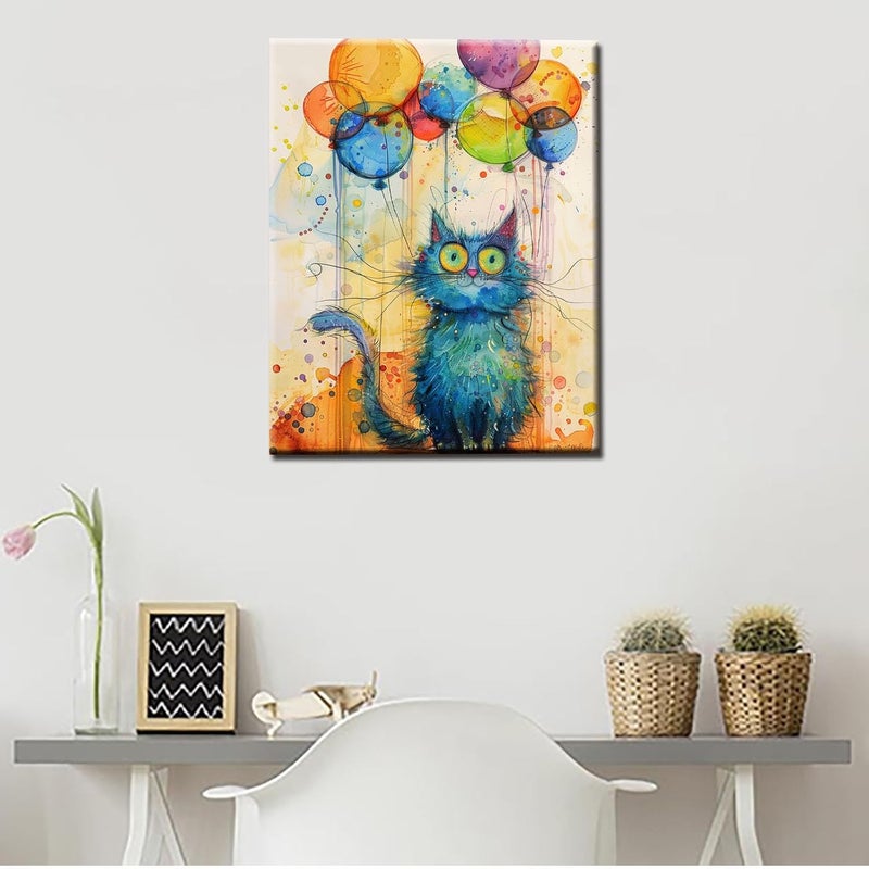 Tucocoo Abstract Blue Cat Paint by Numbers Kits 16x20 inch Canvas Watercolor DIY Oil Painting for Adults with Brushes and Acrylic Pigment Colorful Ballons Picture for Home Decor Without Frame - Image 2